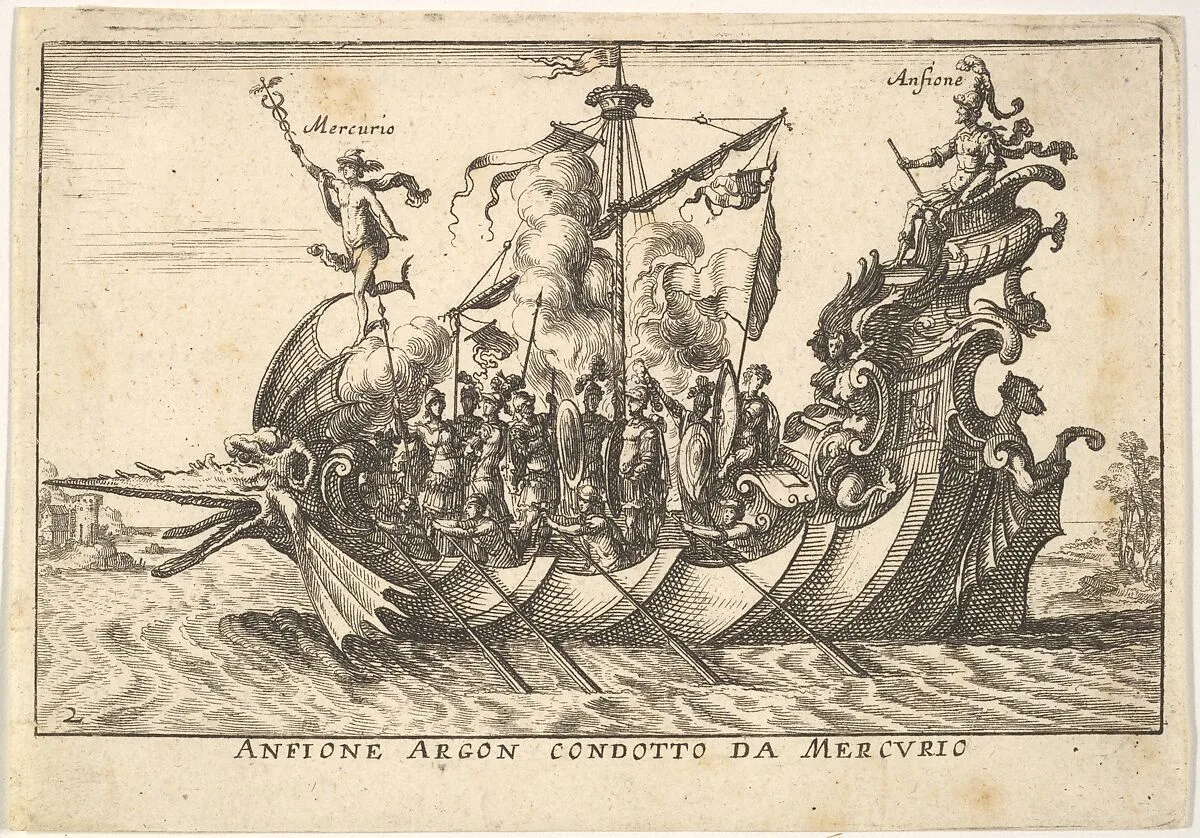 Plate 2: The Argonaut Amphion led by Mercury (Anfione Argon. condotto da Mercurio), with a fantastic beast head at the prow and Amphion seated at the stern, from the series 'The magnificent pageant on the river Arno in Florence for the marriage of the Grand Duke' (Le Magnifique carousel fait sur le fleuve de l'Arne a Florence, pour le mariage du Grand Duc), for the wedding celebration of Cosimo de' Medici in Florence, 1608 — Anonymous|Giulio Parigi|Remigio Cantagallina|Jean Sauvé