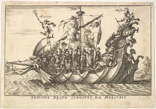 Plate 2: The Argonaut Amphion led by Mercury (Anfione Argon. condotto da Mercurio), with a fantastic beast head at the prow and Amphion seated at the stern, from the series 'The magnificent pageant on the river Arno in Florence for the marriage of the Grand Duke' (Le Magnifique carousel fait sur le fleuve de l'Arne a Florence, pour le mariage du Grand Duc), for the wedding celebration of Cosimo de' Medici in Florence, 1608