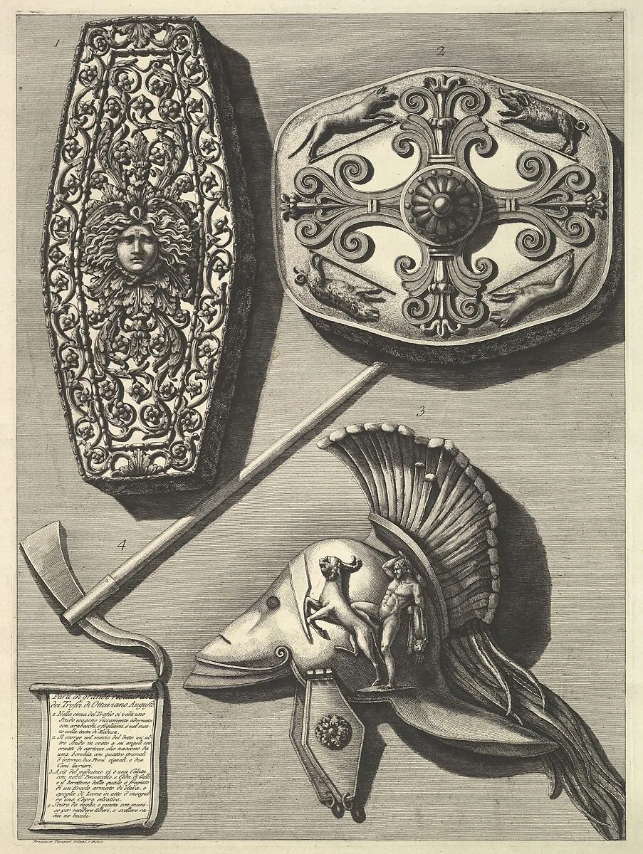 Parti in grande restaurati de' Trofei de Ottaviano Augusto (Restored detail of the Trophy of Octavian Augusto) — Francesco Piranesi