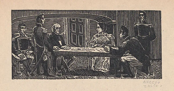 Miguel Hidalgo conversing with military officials, illustration for 'Hidalgo' — Alfredo Zalce