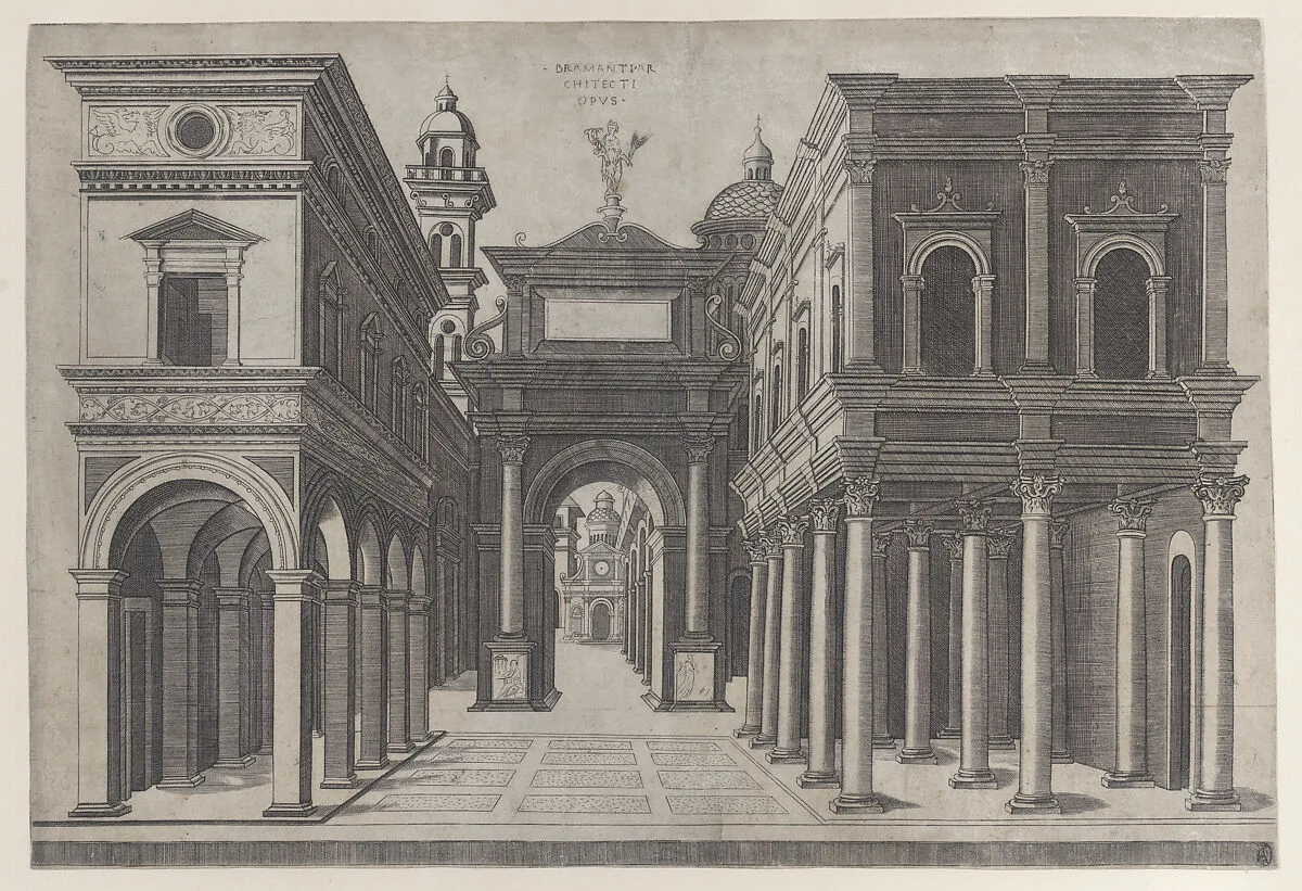 A street with various buildings, colonnades and an arch — Donato d'Agnolo Bramante