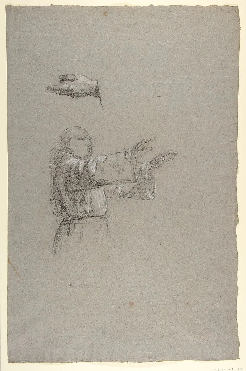 Cleric with Raised Arms (lower register?; study for wall paintings in the Chapel of Saint Remi, Sainte-Clotilde, Paris, 1858) — Isidore Pils