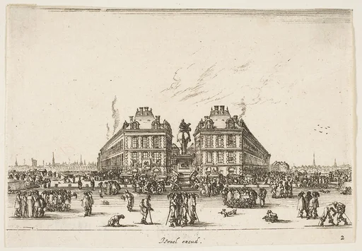La Place Dauphine, on the coast of Pont Neuf, the equestrian statue of Louis XIII in center, seen from the back and numerous figures, plate 2 from "Various Figures" (Agréable diversité de figures)