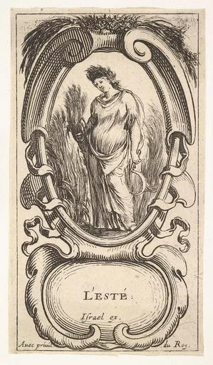 Summer, a woman, crowned with corn, standing in a cornfield with corn in her right hand and a scythe in her left hand, within a cartouche topped with corn, from 'The four Seasons' (Les quatre Saisons)