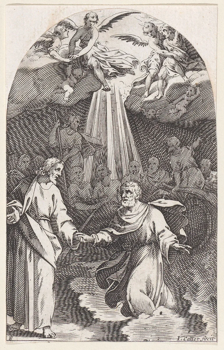 Christ Walking on Water, Holding the Hand of St. Peter (First Composition), plate 8 from "Les Tableaux de Rome, Les Eglises Jubilaires" (The Paintings of Rome, The Churches Jubilee) — Jacques Callot