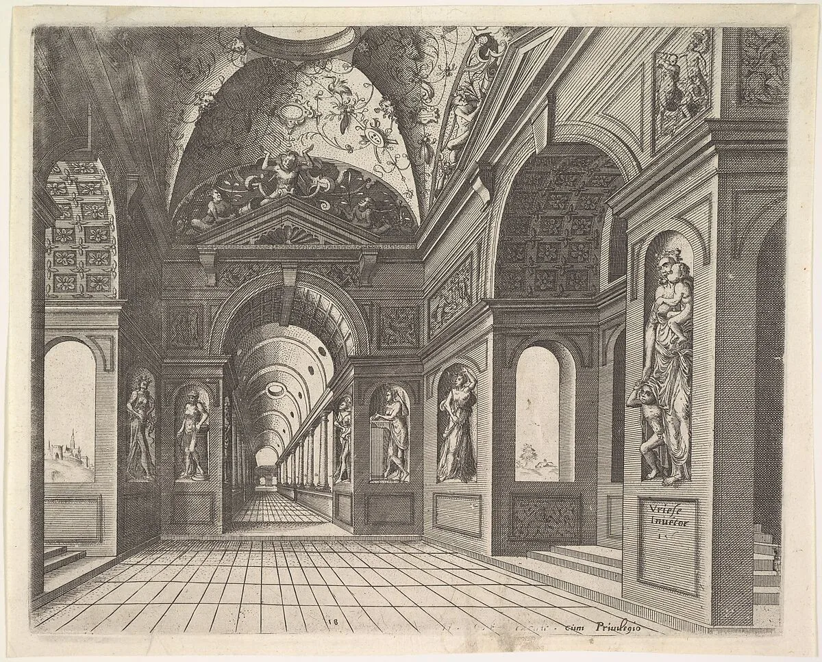 Perspective view of the interior of a hall, with cross-vault decorated with grotesques, plate 18, from Scenographiae sive Perspectivae — Johannes van Doetecum I|Hans Vredeman de Vries|Lucas van Doetecum|Theodoor Galle