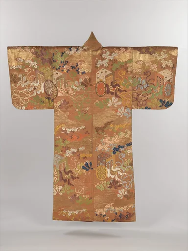紅地御所車桜蒲公英模様唐織|Noh Costume (Karaori) with Court Carriages, Cherry Blossoms, and Dandelions