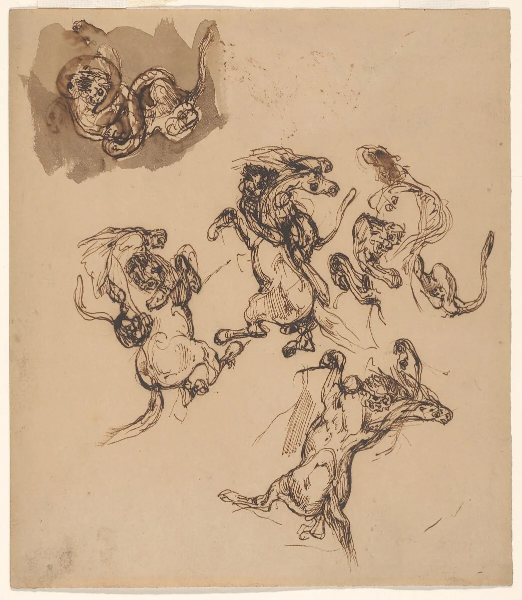 Studies of a Rearing Horse Attacked by a Lion and a Lion Wrestling with a Serpent — Eugène Delacroix