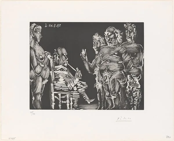 Three Old Friends Visiting: Man Smoking, Woman Keeping Watch, from 347 Suite — Pablo Picasso|Aldo and Piero Crommelynck|Galerie Louise Leiris