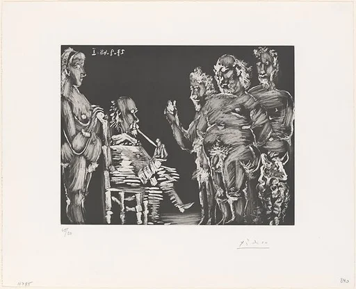 Three Old Friends Visiting: Man Smoking, Woman Keeping Watch, from 347 Suite