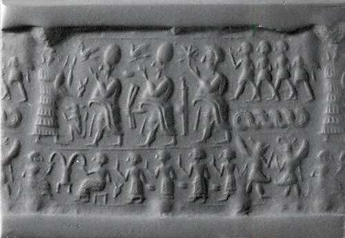 Cylinder seal and modern impression: above, royal figures approaching a suppliant goddess; below, a banquet scene — Unknown