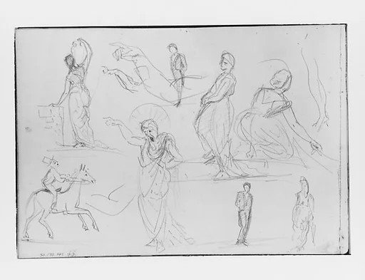 Man on Horseback, Woman Carrying a Jug, Figure with Halo, and other Figure Studies (from Switzerland 1870 Sketchbook)