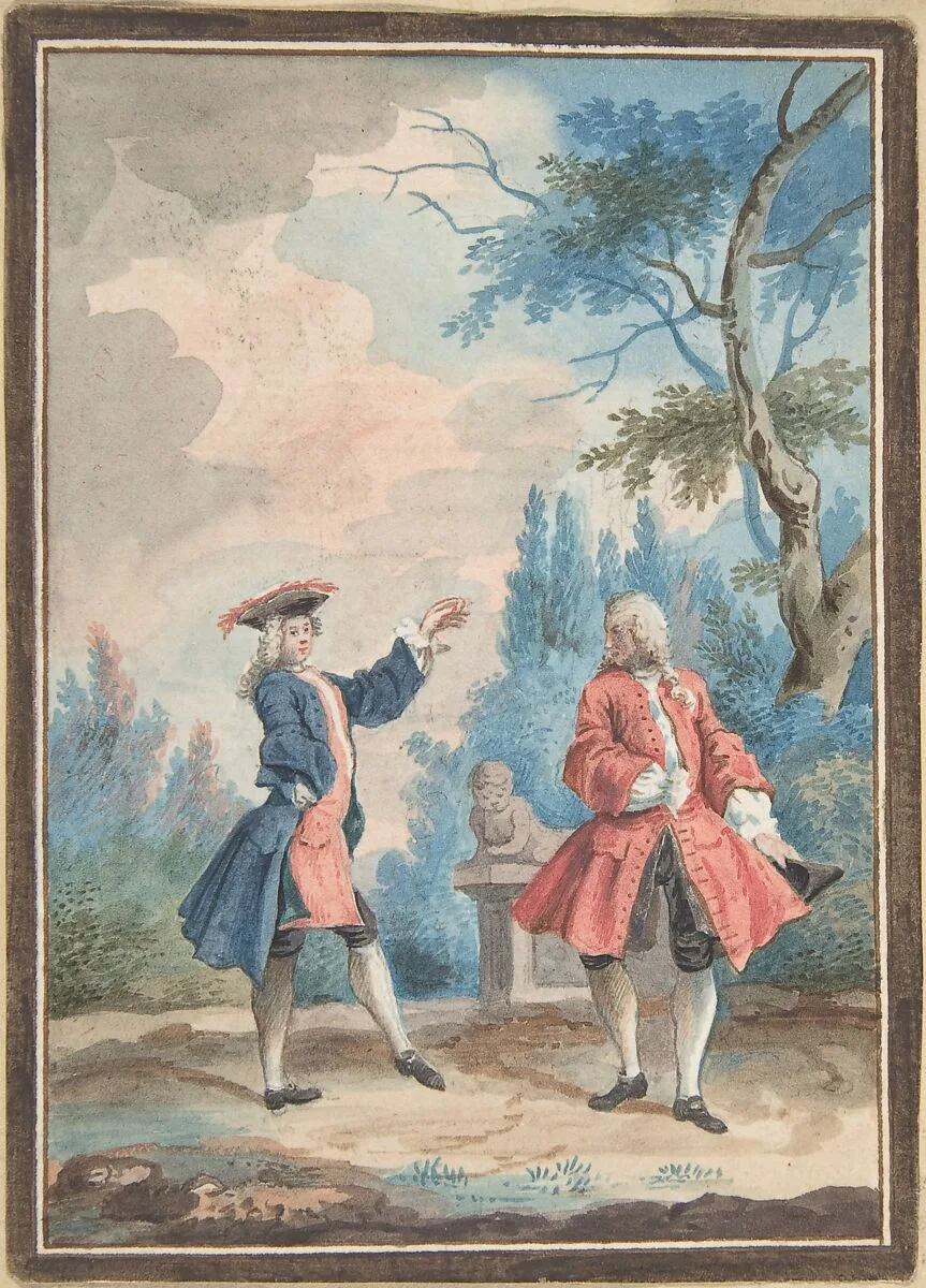 Two dancing male figures in a landscape — Anonymous, French, 18th century
