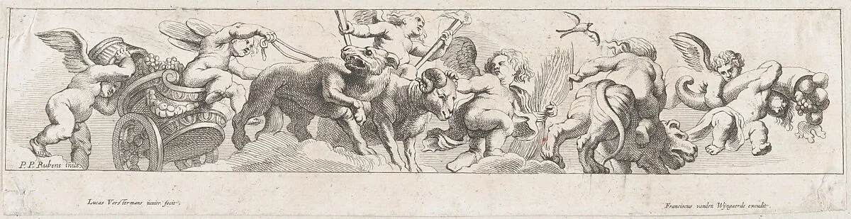 Frieze with putti, some riding a chariot pulled by animals, others riding animals and holding garlands — Lucas Vorsterman II|Frans van den Wyngaerde|Peter Paul Rubens