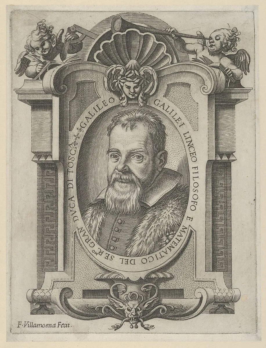 Portrait of Galileo Galilei set within an elaborate cartouche — Francesco Villamena|Galileo Galilei