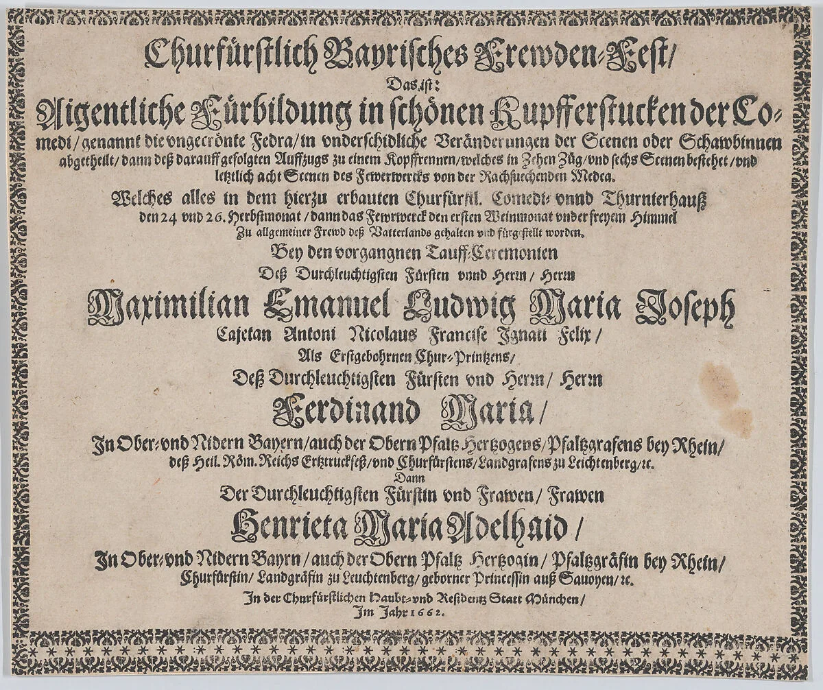 Text to accompany plate illustrating the fireworks display celebrating the birth of Prince Max Emmanuel of Bavaria, Munich, 1662 — Mathäus Küsel|Francesco Santurini