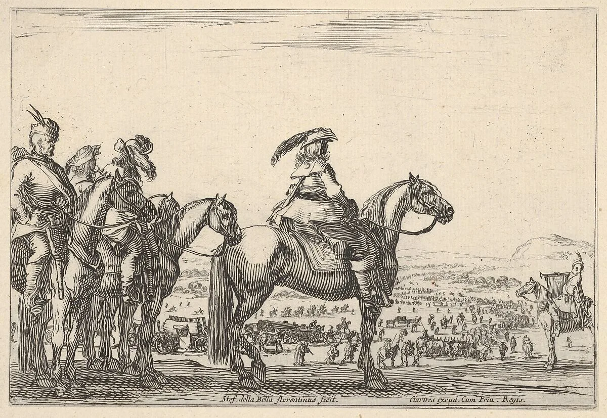March of an army on a plain, the commander in chief in front, his aides behind him, a trumpeter on horseback at right, a plain with various figures and horses in the background, from 'Varie figure' — Stefano della Bella|François Langlois