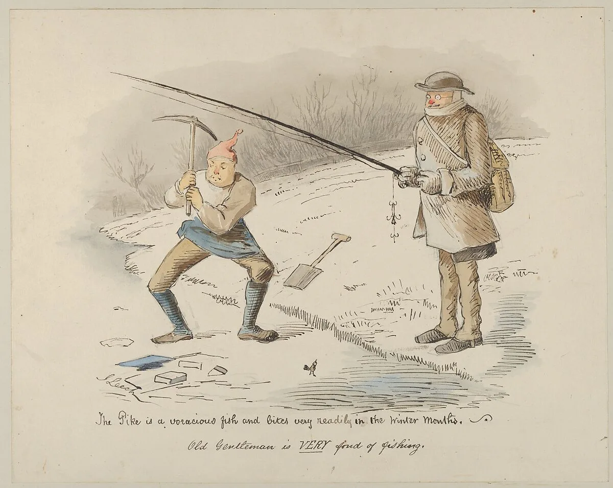 The Pike is a voracious fish and bites readily in the Winter months–Old Gentleman is VERY fond of fishing — John Leech