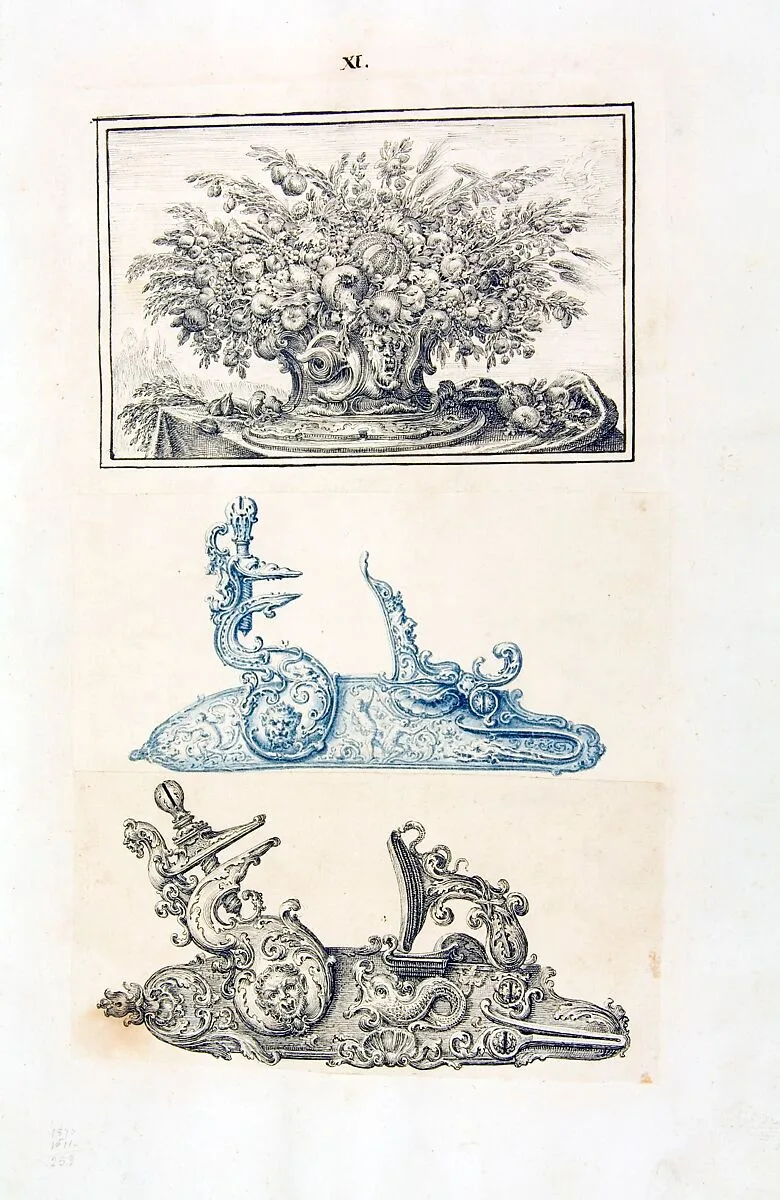 Album Page with Designs for Floral Ornament and Two Gunlocks — Unknown