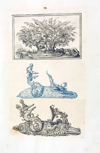 Album Page with Designs for Floral Ornament and Two Gunlocks
