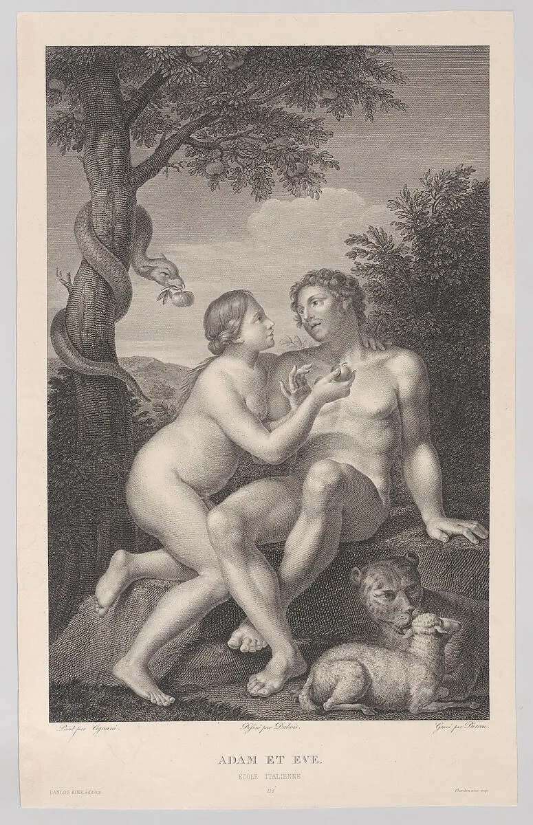 Adam and Eve, seated on a rock, with a serpent coiled around a tree at left and a lion and a lamb at right — Carlo Cignani|Jean Antoine Pierron|F. Chardon, Ainé|François Dubois