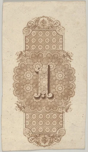 Banknote motif: ornamental number 1 against a panel of lathe work elements, adjoining a band of mosaic style ornament, its ends adorned with leaves, flowers, grapes and ribbons