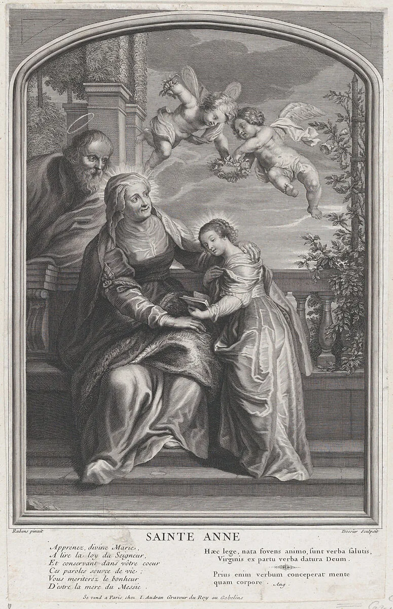 The education of the Virgin, with Saint Anne and the Virgin Mary reading with two putti overhead and Saint Joachim behind them at left — Peter Paul Rubens|Michel Dossier|Jean Audran