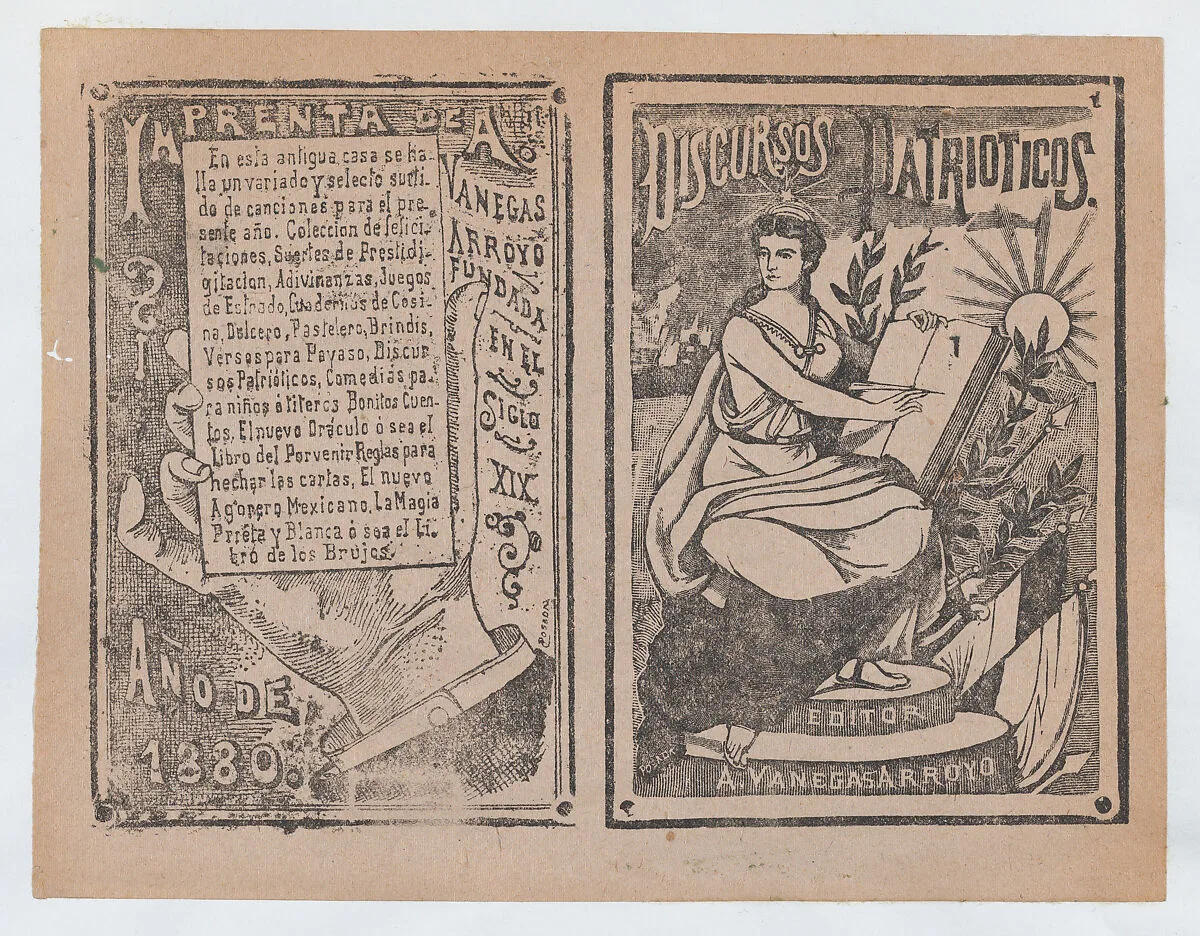 Front and back covers printed on the same sheet for patriotic discourses — José Guadalupe Posada|Antonio Vanegas Arroyo