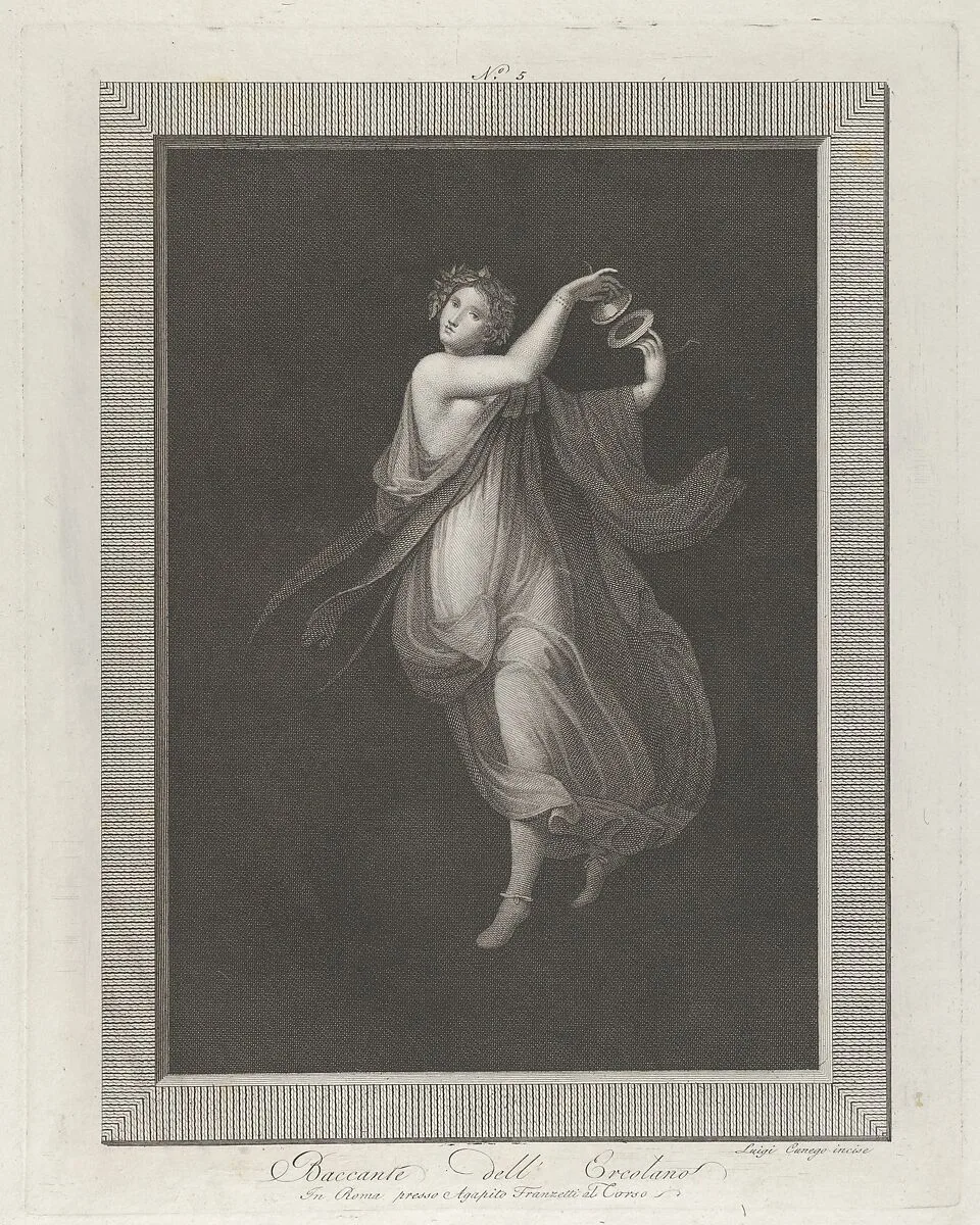 A bacchante, a garland on her head, and playing cymbals, set against a black background inside a rectangular frame — Agapito Franzetti|Aloysio Cunego