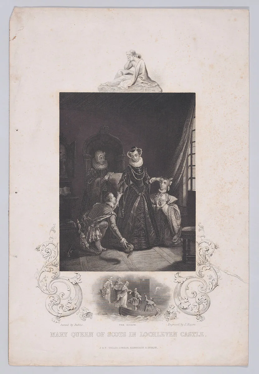 Mary, Queen of Scots in Lochleven Castle, with a small scene of her escape from the castle below (from "The History of England") — Rubino|Mary, Queen of Scots|Thomas Gaspey|J. & F. Tallis & Co., London, Edinburgh, and Dublin|John Rogers