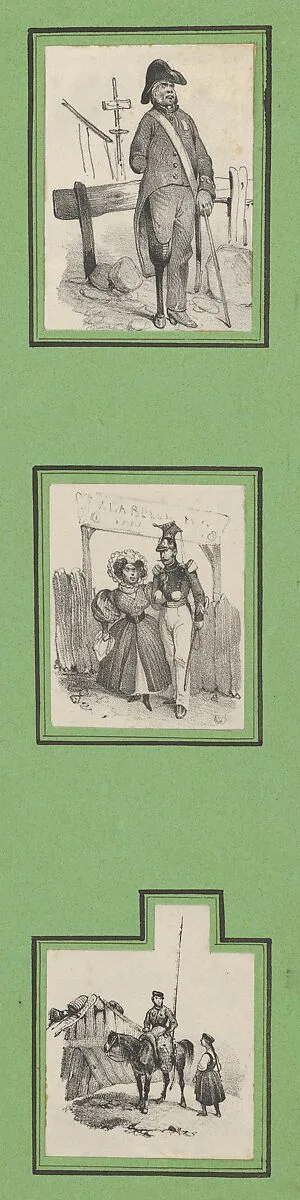 Soldiers (3 prints of varying size pasted onto a green sheet) — Victor Adam