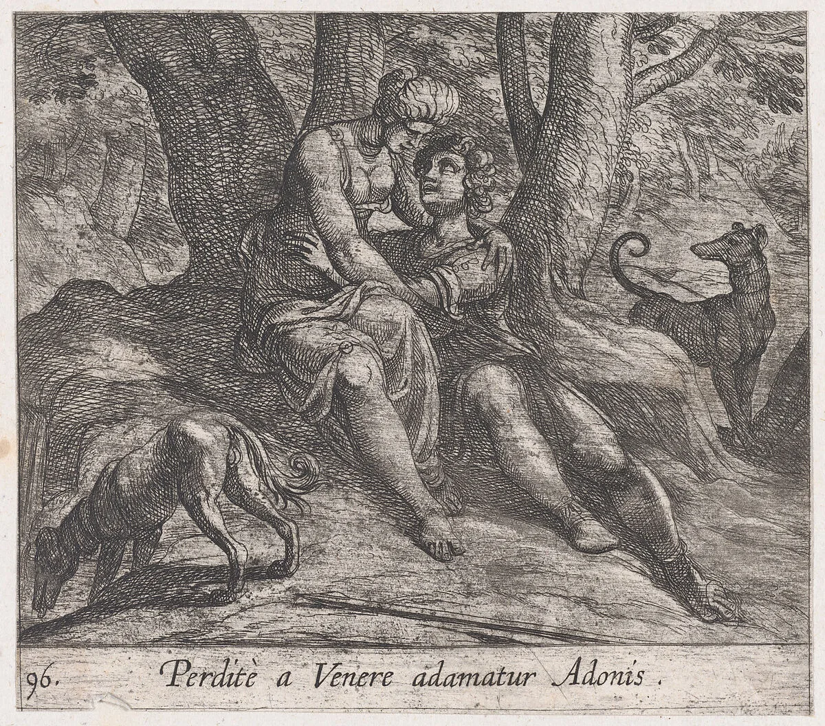 Plate 96: Venus and Adonis Embracing (Perditè a Venere adamatur Adonis), from Ovid's 'Metamorphoses' — Antonio Tempesta