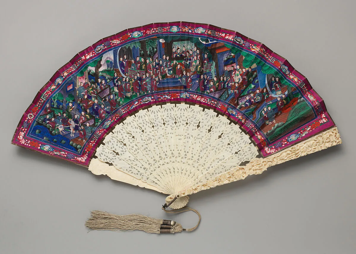 Folding Fan with Scene of Figures in a Courtyard Garden — Unknown