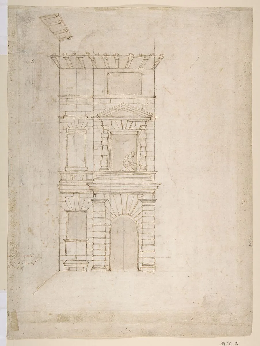 Elevation of Giulio Romano's House (recto); the Ruins from the Caelius Aqueduct and Temple of Claudius in Rome (verso) — Giovanni Battista Naldini