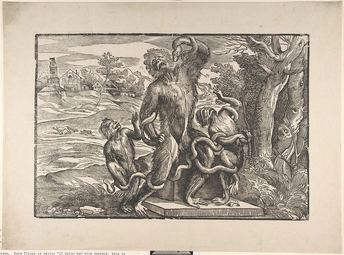 Caricature of the Laocoön scuptural group, excavated in Rome in 1506 — Nicolò Boldrini|Titian (Tiziano Vecellio)