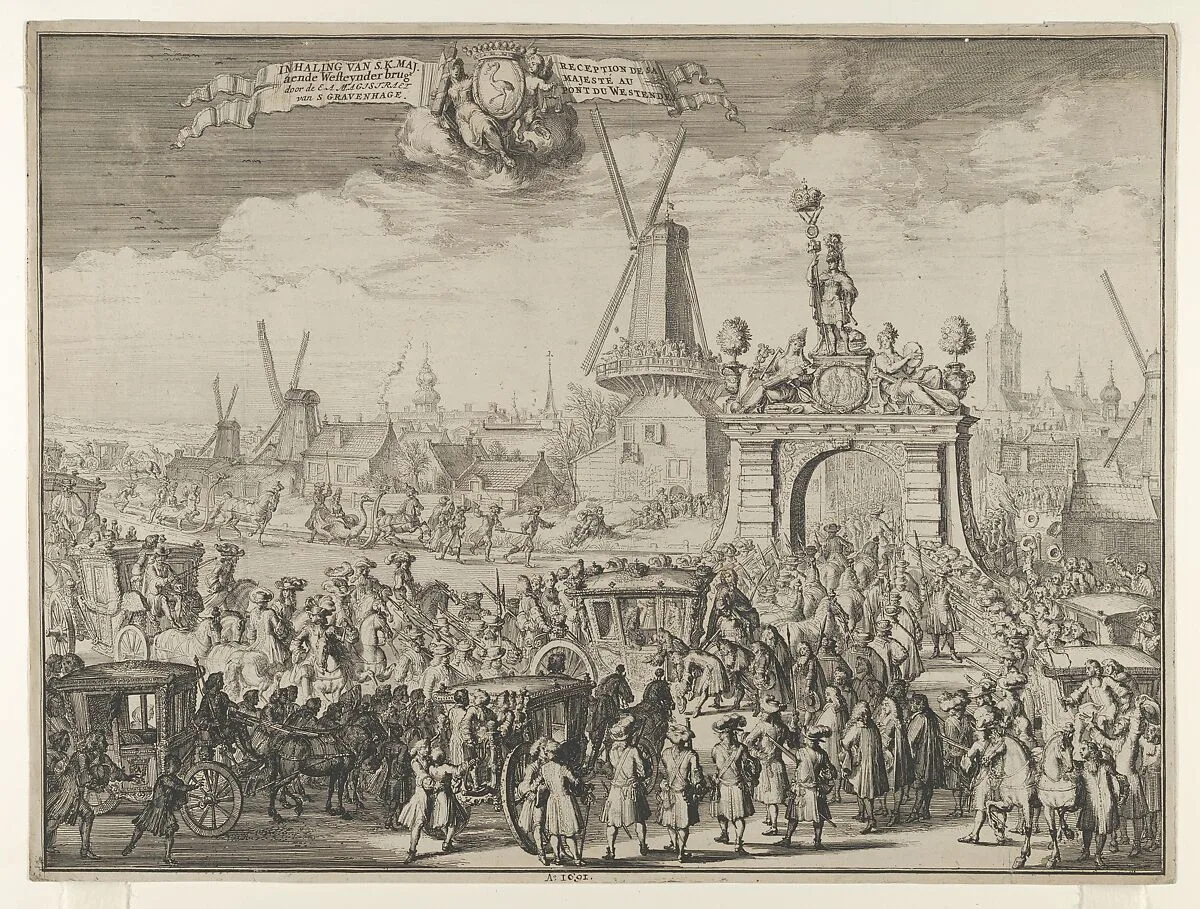 Entrance of William III into The Hague (Inhaling van S.K. Maj. aende Westeynder brug door de E.A. Magistraet van s'Gravenhage / Reception de sa Majesté au pont du Westende) from Bidloo, Inkomste van Koning Willem III — Romeyn de Hooghe