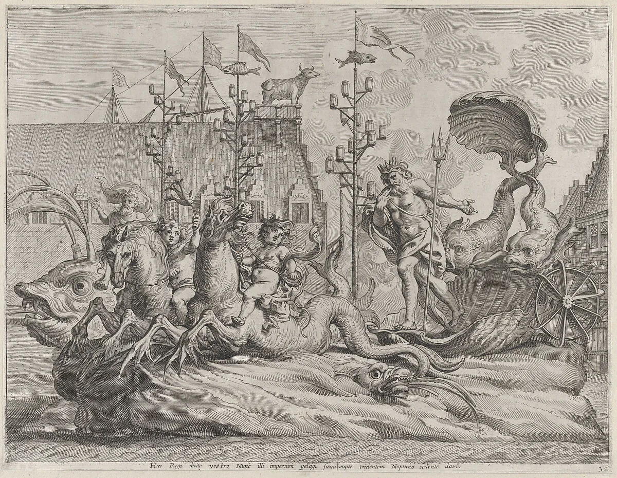 Plate 35: Philip of Spain as Neptune, riding in a chariot drawn by two sea horses; from Guillielmus Becanus's 'Serenissimi Principis Ferdinandi, Hispaniarum Infantis...' — Pieter de Jode II|Johannes Meursius