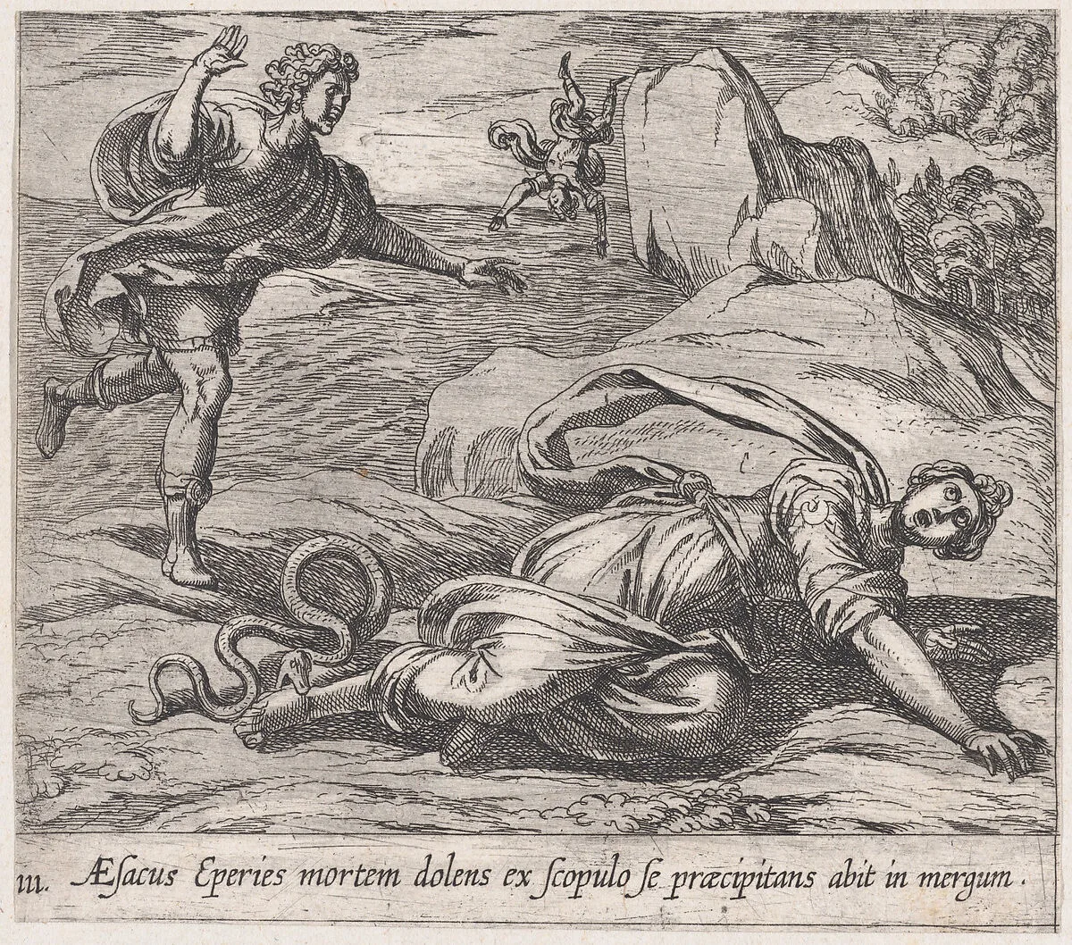 Plate 111: Aesacus and Hespeia (Aesacus Eperies mortem dolens ex scopulo se praecipitans abit in mergum), from Ovid's 'Metamorphoses' — Antonio Tempesta