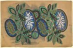 Pattern with Cellular Ovals and Blue Ovals with White Designs, Separated by Decorative Leaves — Anonymous, French, 20th century