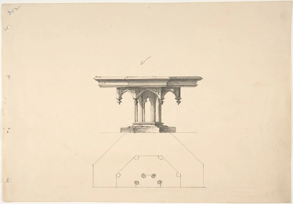 Design for an Octagonal Gothic Pedestal Table with Pendentives: Elevation and Plan — Anonymous, British, 19th century