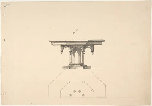 Design for an Octagonal Gothic Pedestal Table with Pendentives: Elevation and Plan