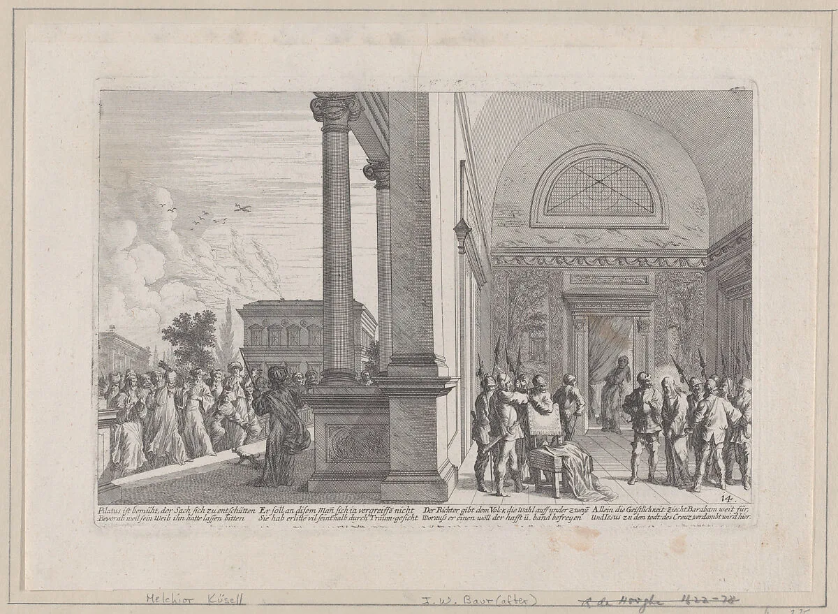 Pilate attempting to discharge Christ, from 'Iconographia' — Melchior Küsel|Johann Wilhelm Baur