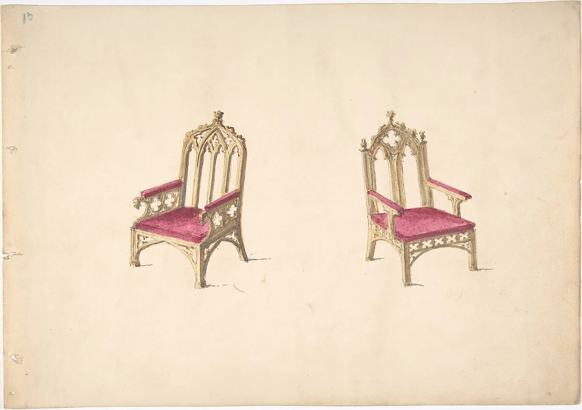Design for Two Gothic Style Armchairs — Anonymous, British, 19th century