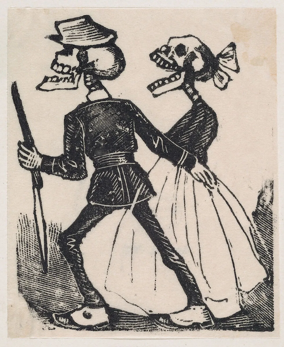 A male skeleton leading a female skeleton to the left, from a broaside entitled 'La Calavera de Cupido', published by Antonio Vanegas Arroyo. — José Guadalupe Posada