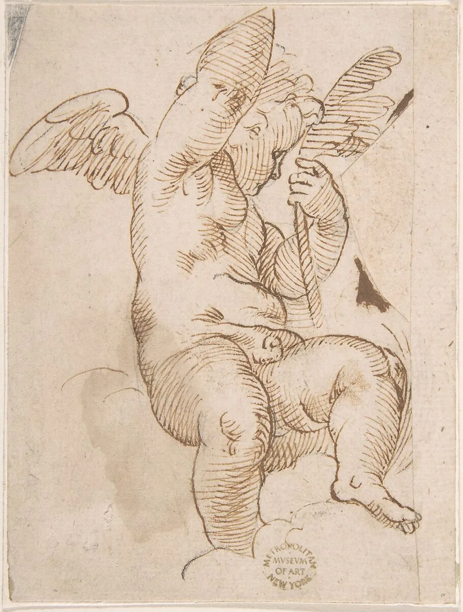 Cupid Seated on a Cloud and Holding a Palm (?) — Anonymous, Italian, Emilian, mid-16th century