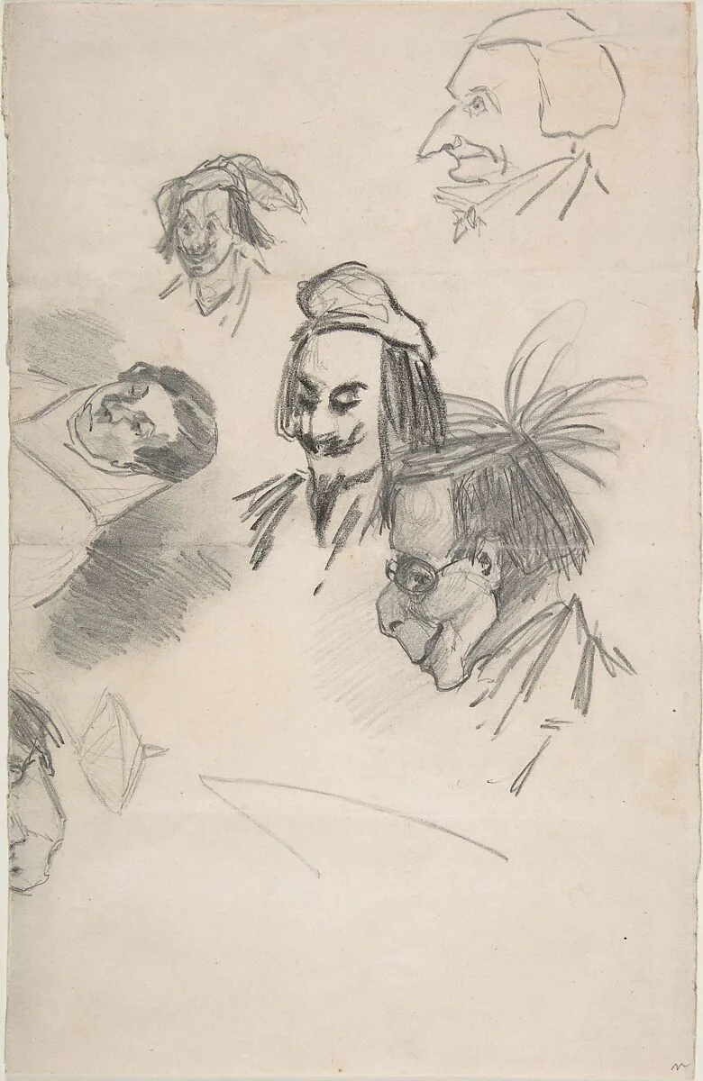 Sketches of Six Heads in Profile (caricatures?) (recto); Sketch of Head and Blank Rectangle (verso) — Félicien Rops