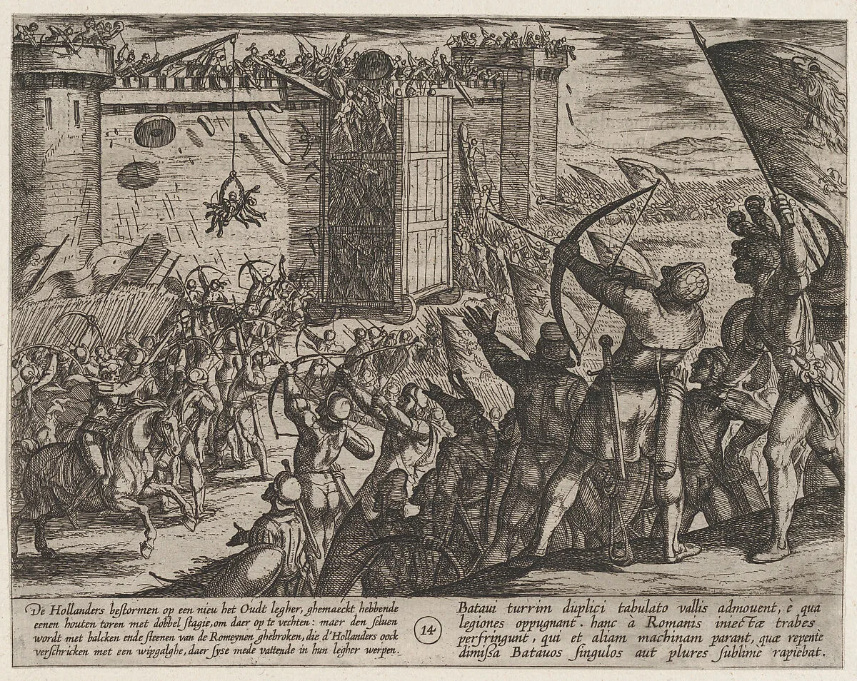 Plate 14: New Attack on the Old Fortress, from The War of the Romans Against the Batavians (Romanorvm et Batavorvm societas) — Antonio Tempesta|Otto van Veen