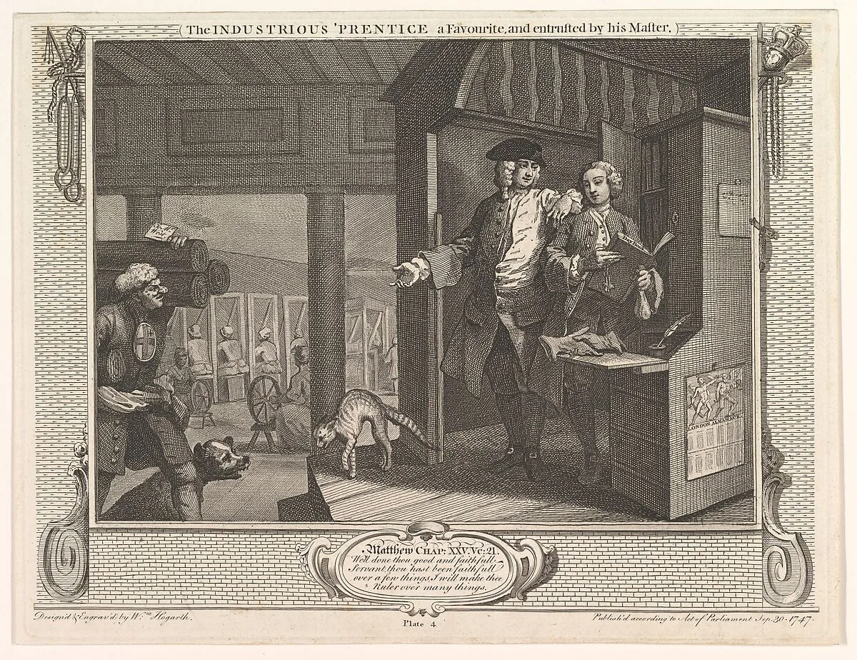 The Industrious 'Prentice a Favorite and Entrusted by his Master (Industry and Idleness, plate 4) — William Hogarth