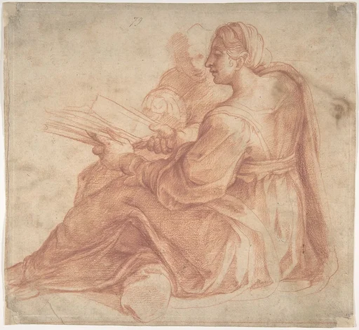 Seated Sibyl and Attendant Genius (recto); Study of the Head of a Horse in Profile (verso)