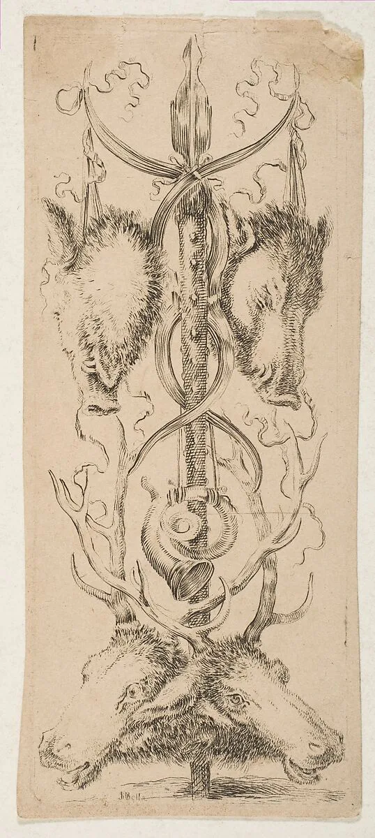 Hunting Trophy with Stag Heads Below — Stefano della Bella